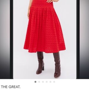 THE GREAT. Vibrant Red Eyelet Midi Skirt